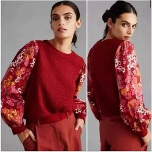 Anthropologie Mixed Media Top with Floral Sleeves
